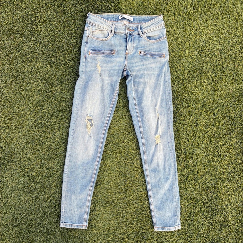 Zara Women's Size 4 26x27 Denim Light Wash Moto Distressed Skinny Jeans Blue Y2K